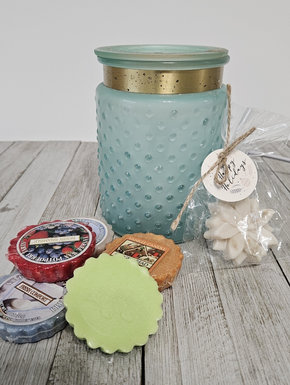 VTG 5.5" Sea Foam Green Bobble Glass Electric Wax Melt Candle Warmer with 6 Misc